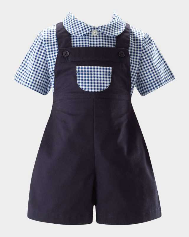 Boy's Gingham-Print Shirt & Dungaree Set, Size 6M-24M